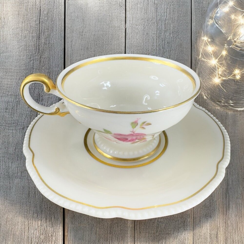 Vintage Castleton China Dolly Madison USA Ivory Pink Rose Teacup And Saucer Set